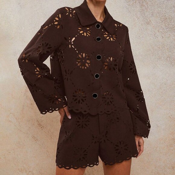 Brown Women's Hollow Out Button Front Top And Shorts Set - Picture 3 of 6